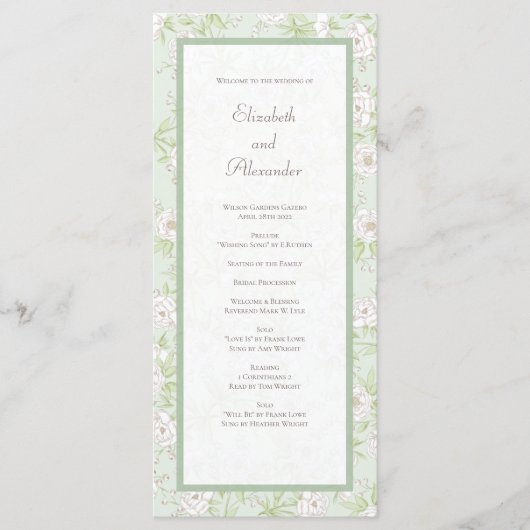 Sage Green White Rose Wedding Programs メニュー (正面)