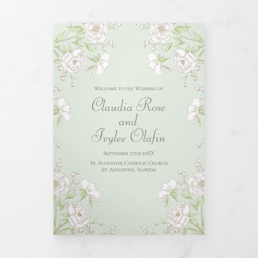Sage Green White Rose Wedding Programs 三つ折りプログラム (カバー)