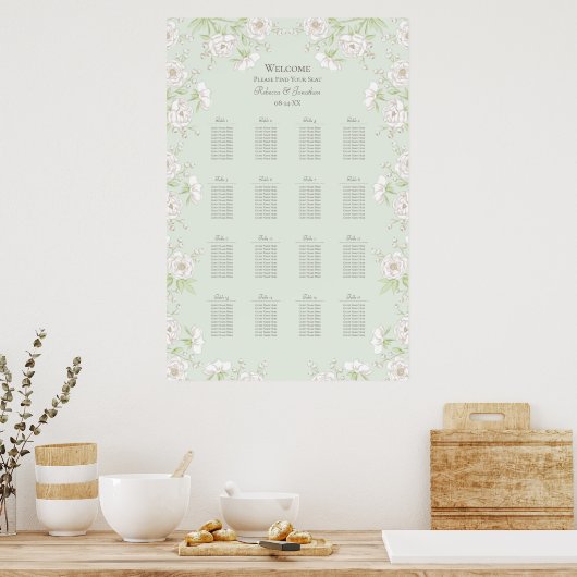 Sage Green White Rose Wedding Seating Chart ポスター (キッチン)
