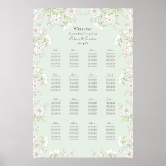 Sage Green White Rose Wedding Seating Chart ポスター (正面)