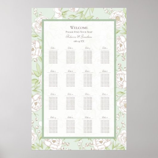 Sage Green White Rose Wedding Seating Chart ポスター (正面)