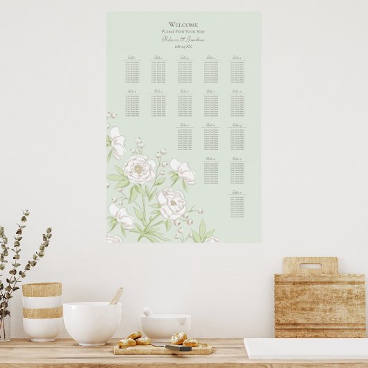 Sage Green White Rose Wedding Seating Chart ポスター (キッチン)