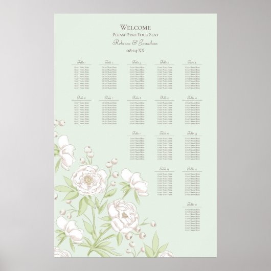 Sage Green White Rose Wedding Seating Chart ポスター (正面)