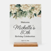 Sage Green White Roses Transparent 80th Birthday アクリルサイン (正面)