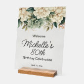 Sage Green White Roses Transparent 80th Birthday アクリルサイン (傾斜)