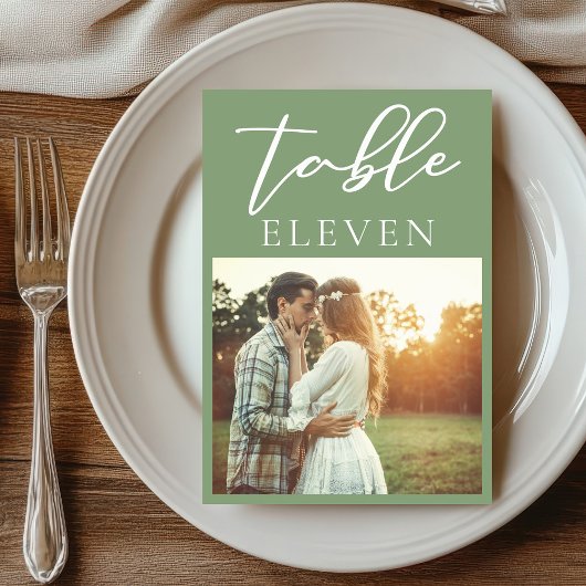 Sage Green White Script Couple Photo 結婚's テーブルナンバー