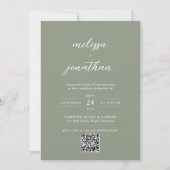 Sage Green & White Script Photo QR Code 結婚's 招待状 (正面)
