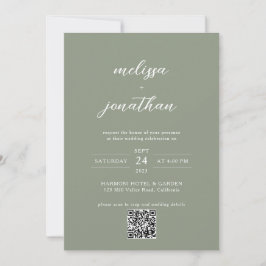 Sage Green & White Script Photo QR Code 結婚's 招待状