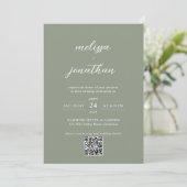 Sage Green & White Script Photo QR Code 結婚's 招待状 (スタンド正面)