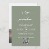 Sage Green & White Script Photo QR Code 結婚's 招待状 (正面/裏面)