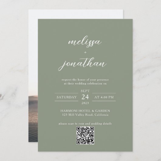 Sage Green & White Script Photo QR Code 結婚's 招待状 (正面/裏面)