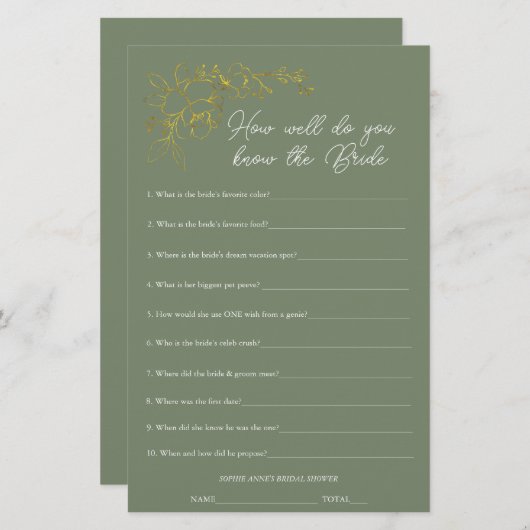 Sage Green Who Knows The Bride Shower Game (正面/裏面)