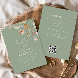 Sage Green Wildflower All In One QR Code 結婚's 招待状