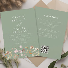 Sage Green Wildflower All In One QR Code 結婚's 招待状