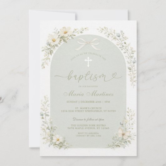 Sage Green Wildflower Arch Baptism Invitation 招待状 (正面)