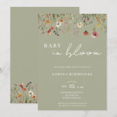 Sage Green Wildflower Baby in Bloom Baby Shower 招待状 (正面/裏面)
