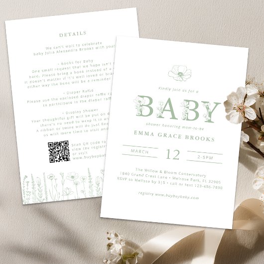 Sage Green Wildflower Baby Shower All-in-One  招待状