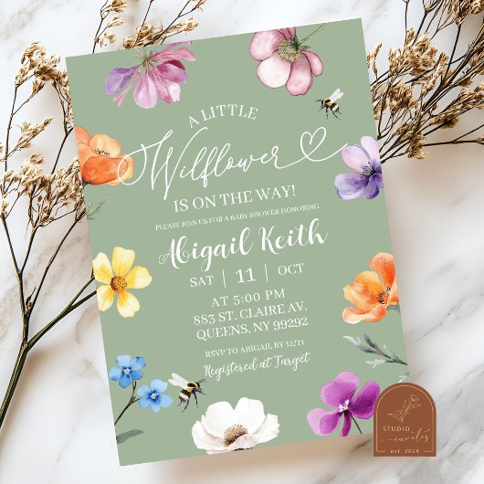 Sage Green Wildflower Baby Shower Invitation 招待状