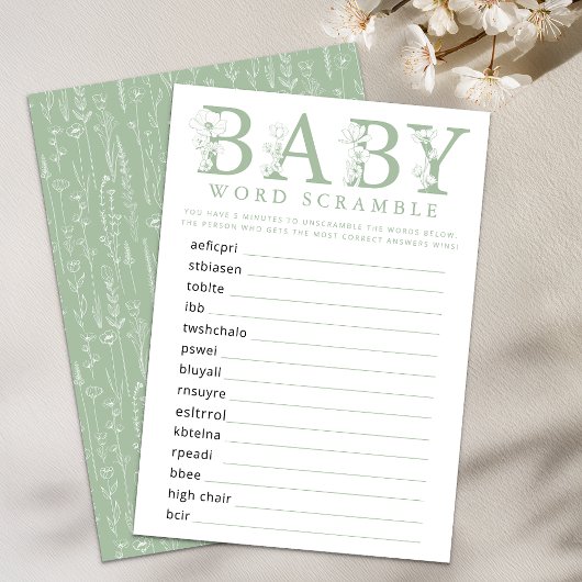 Sage Green Wildflower Baby Word Scramble Game Card エンクロージャーカード