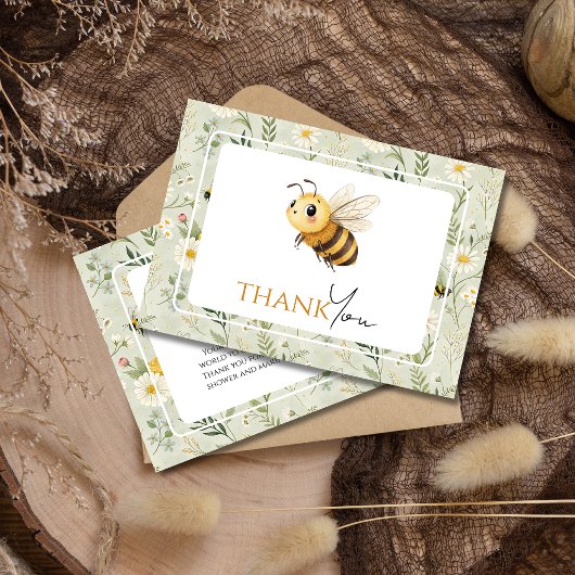 Sage Green Wildflower Bee Custom Baby Shower サンキューカード