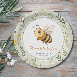 Sage Green Wildflower Bee Custom Name Baby Shower ペーパープレート