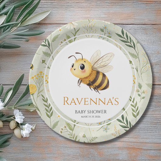 Sage Green Wildflower Bee Custom Name Baby Shower ペーパープレート