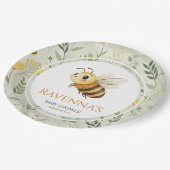 Sage Green Wildflower Bee Custom Name Baby Shower ペーパープレート (アングル)