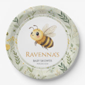 Sage Green Wildflower Bee Custom Name Baby Shower ペーパープレート (正面)
