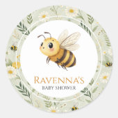 Sage Green Wildflower Bee Custom Name Baby Shower ラウンドシール (正面)