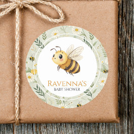 Sage Green Wildflower Bee Custom Name Baby Shower ラウンドシール