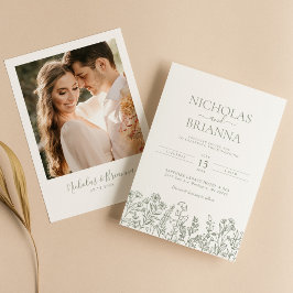 Sage Green Wildflower Boho結婚の写モダン真 招待状