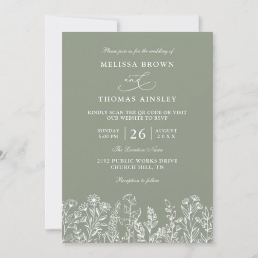 Sage Green Wildflower Boho Budget QR Code Wedding 招待状 (正面)