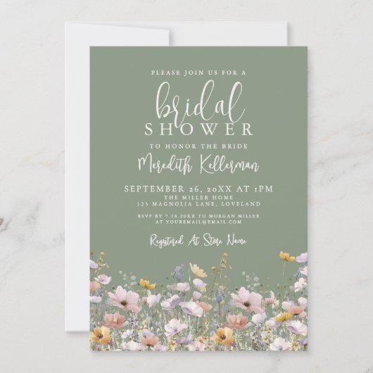 Sage Green Wildflower Bridal Shower 招待状 (正面)