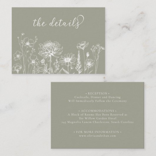 Sage Green Wildflower Details Card Wedding Insert エンクロージャーカード (正面/裏面)