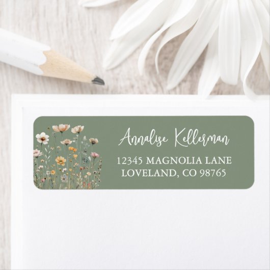 Sage Green Wildflower Floral Return Address ラベル (インサイチュ)