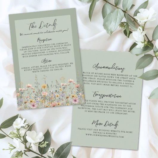 Sage Green Wildflower Floral Wedding Details エンクロージャーカード