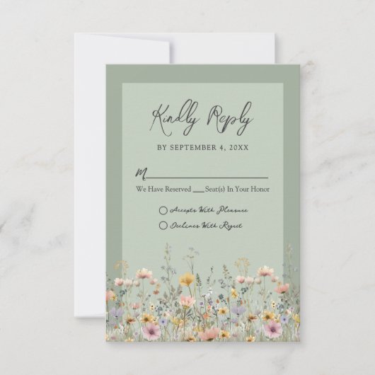 Sage Green Wildflower Floral Wedding RSVP (正面)