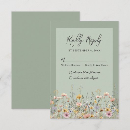 Sage Green Wildflower Floral Wedding RSVP (正面/裏面)