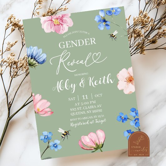 Sage Green Wildflower Gender Reveal Invitation 招待状