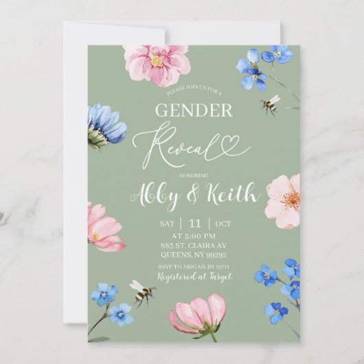 Sage Green Wildflower Gender Reveal Invitation 招待状 (正面)