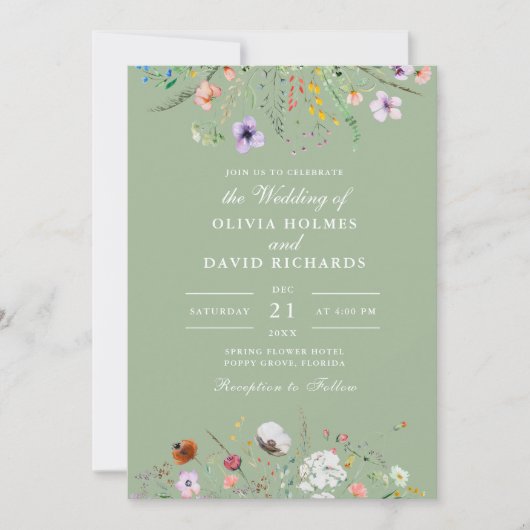 Sage Green Wildflower Wedding Invitation 招待状 (正面)