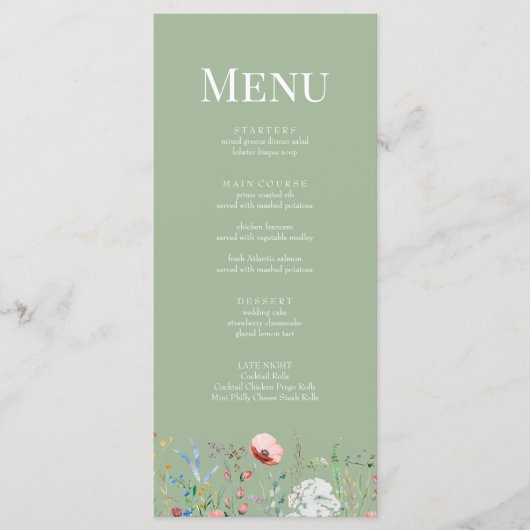 Sage Green Wildflower Wedding Menu Card メニュー (正面)