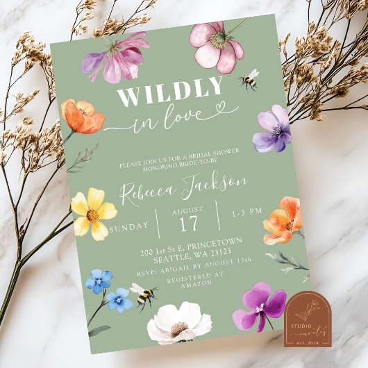 Sage Green Wildflower Wildly in Love Bridal Shower 招待状