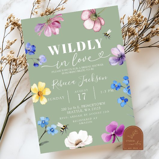 Sage Green Wildflower Wildly in Love Bridal Shower 招待状