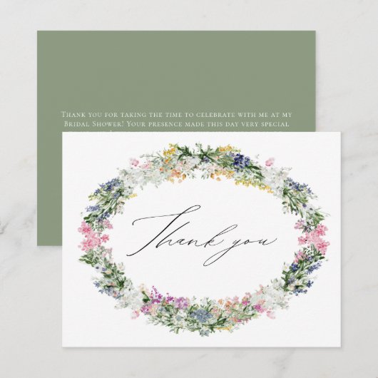Sage Green Wildflower Wreath Wedding Bridal Shower サンキューカード (正面/裏面)