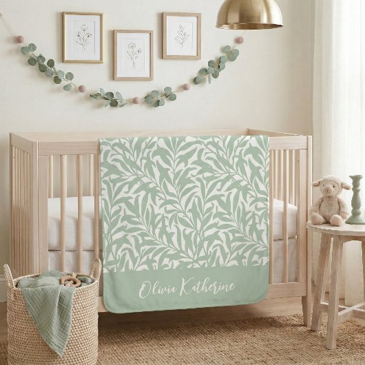 Sage Green Willow Bough Monogrammed シェルパブランケット