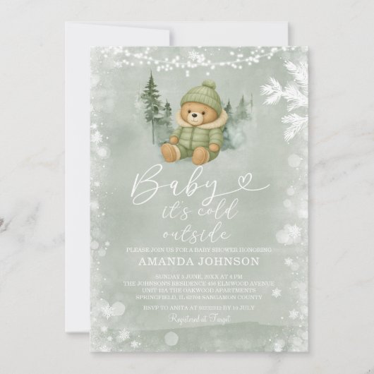 Sage Green Winter Boy Bear Baby It's Cold Outside 招待状 (正面)