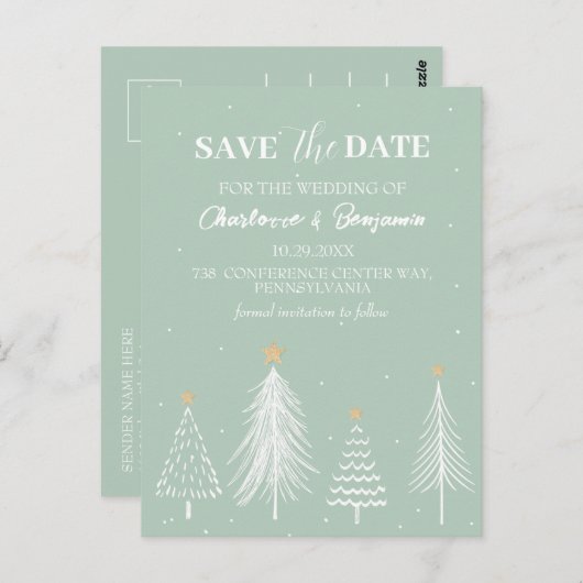 Sage Green Winter Christmas Save the Date 結婚's ポストカード (正面/裏面)