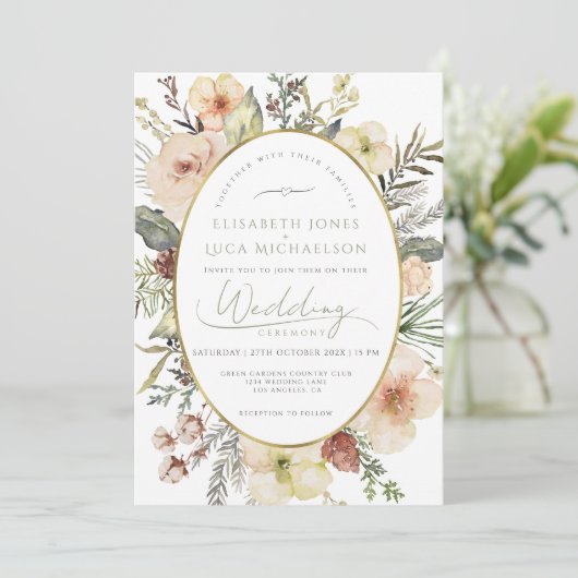 Sage Green Winter Gold Botanical Monogram Wedding 招待状 (スタンド正面)