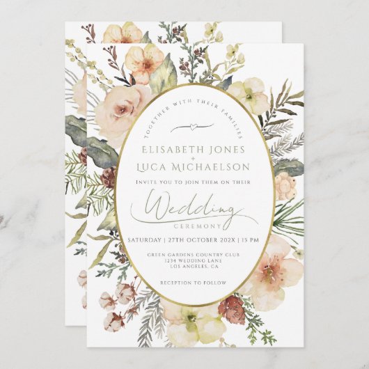 Sage Green Winter Gold Botanical Monogram Wedding 招待状 (正面/裏面)